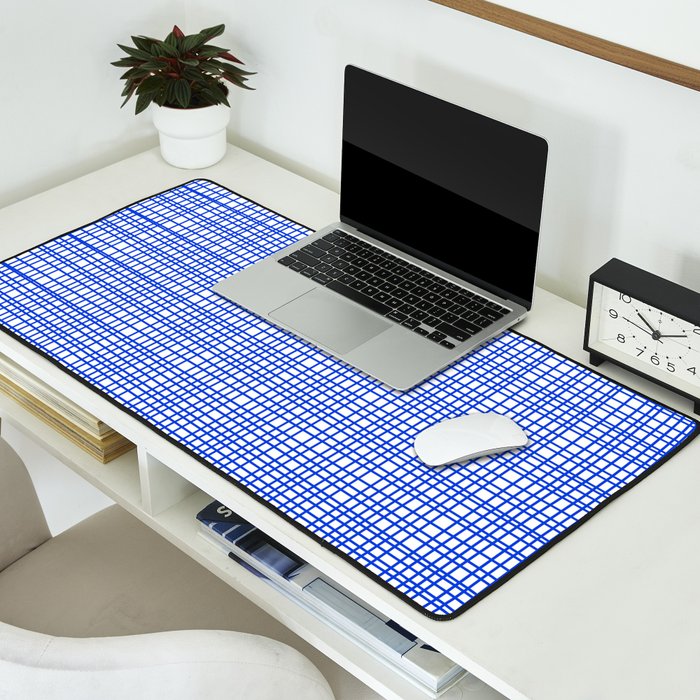 Royal Blue Fine Weave Mid Century Modern Minimalist Woven Line Pattern with White Desk Mat Gallery Image 2