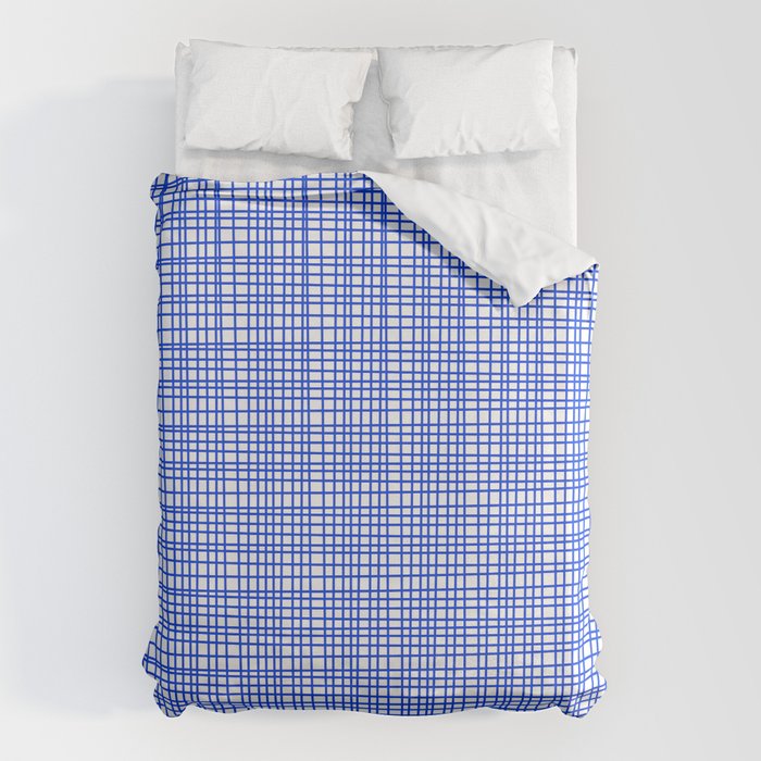 Royal Blue Fine Weave Mid Century Modern Minimalist Woven Line Pattern with White Duvet Cover Gallery Image 1
