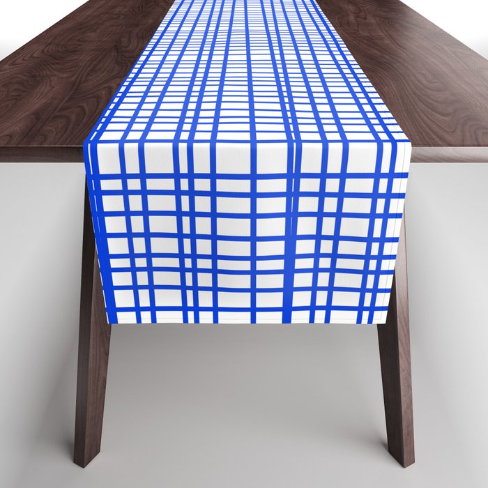 Royal Blue Fine Weave Mid Century Modern Minimalist Woven Line Pattern with White Table Runner Gallery Image 1