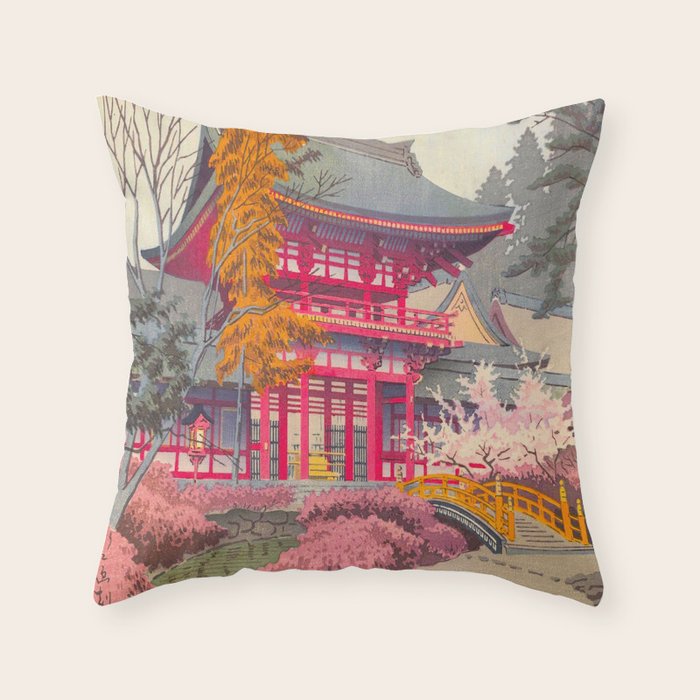 Japanese Woodblock Print Vintage Bright East Asian Red Pagoda Spring Garden Throw Pillow Gallery Image 6