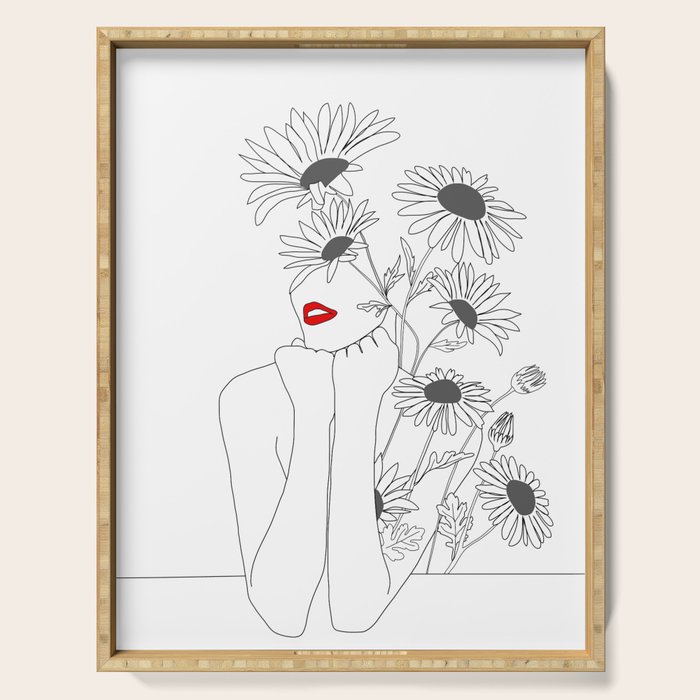 Minimal Line Art Girl with Sunflowers Serving Tray Gallery Image 1
