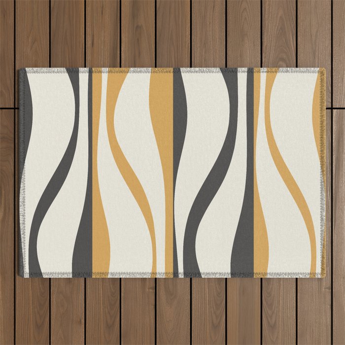 Mid Century Modern Retro Lounge Striped Ogee Pattern in Muted Mustard Gold, Charcoal Gray, and Cream Outdoor Rug Gallery Image 1
