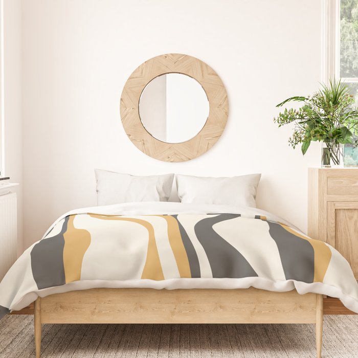 Mid Century Modern Retro Lounge Striped Ogee Pattern in Muted Mustard Gold, Charcoal Gray, and Cream Duvet Cover Gallery Image 3