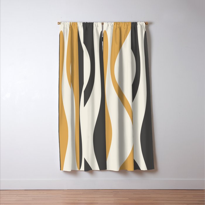 Mid Century Modern Retro Lounge Striped Ogee Pattern in Muted Mustard Gold, Charcoal Gray, and Cream Window Curtain Gallery Image 3