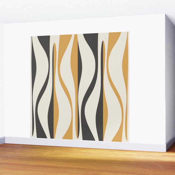 Mid Century Modern Retro Lounge Striped Ogee Pattern in Muted Mustard Gold, Charcoal Gray, and Cream Wall Mural Gallery Image 2