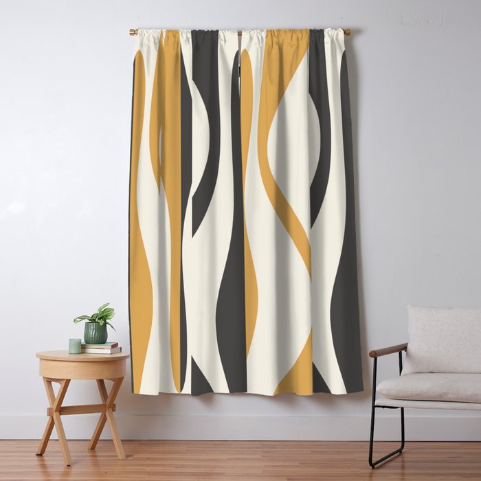 Mid Century Modern Retro Lounge Striped Ogee Pattern in Muted Mustard Gold, Charcoal Gray, and Cream Window Curtain Gallery Image 5