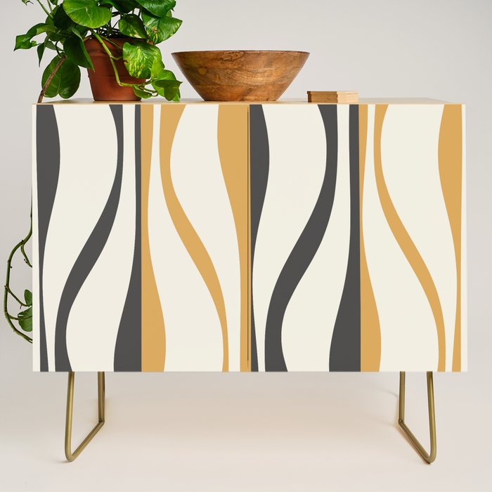 Mid Century Modern Retro Lounge Striped Ogee Pattern in Muted Mustard Gold, Charcoal Gray, and Cream Credenza Gallery Image 1