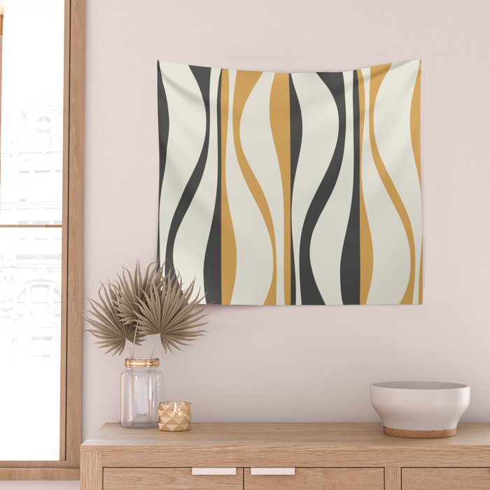 Mid Century Modern Retro Lounge Striped Ogee Pattern in Muted Mustard Gold, Charcoal Gray, and Cream Wall Tapestry Gallery Image 2