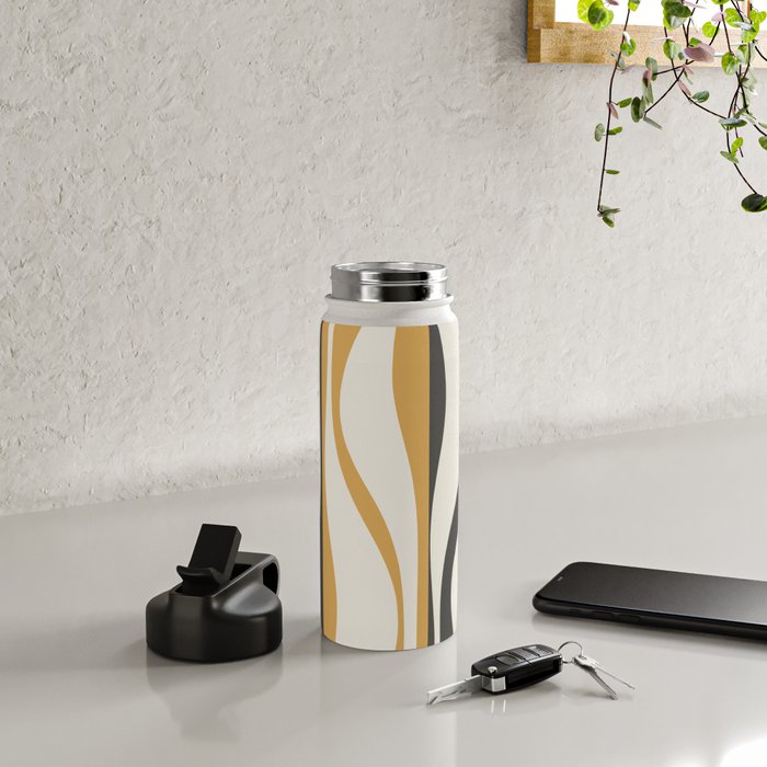 Mid Century Modern Retro Lounge Striped Ogee Pattern in Muted Mustard Gold, Charcoal Gray, and Cream Water Bottle Gallery Image 4