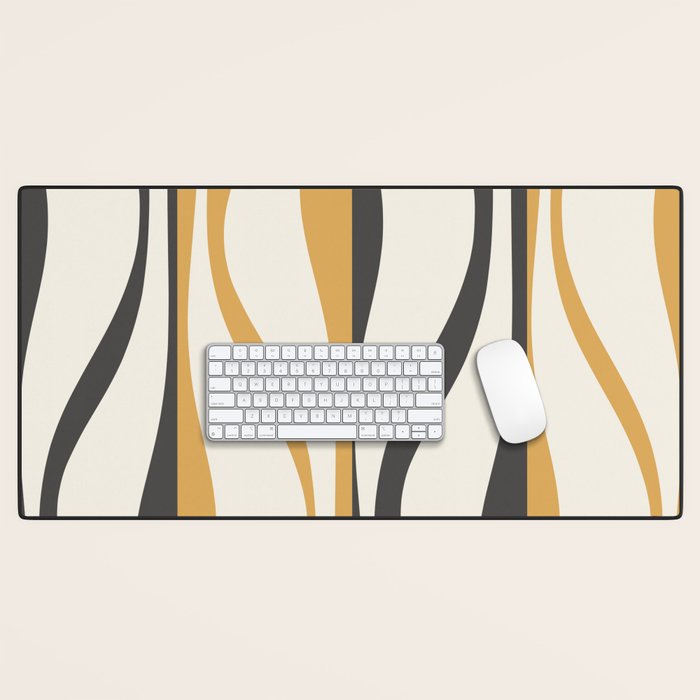 Mid Century Modern Retro Lounge Striped Ogee Pattern in Muted Mustard Gold, Charcoal Gray, and Cream Desk Mat Gallery Image 1