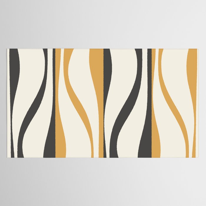 Mid Century Modern Retro Lounge Striped Ogee Pattern in Muted Mustard Gold, Charcoal Gray, and Cream Tablecloth Gallery Image 2
