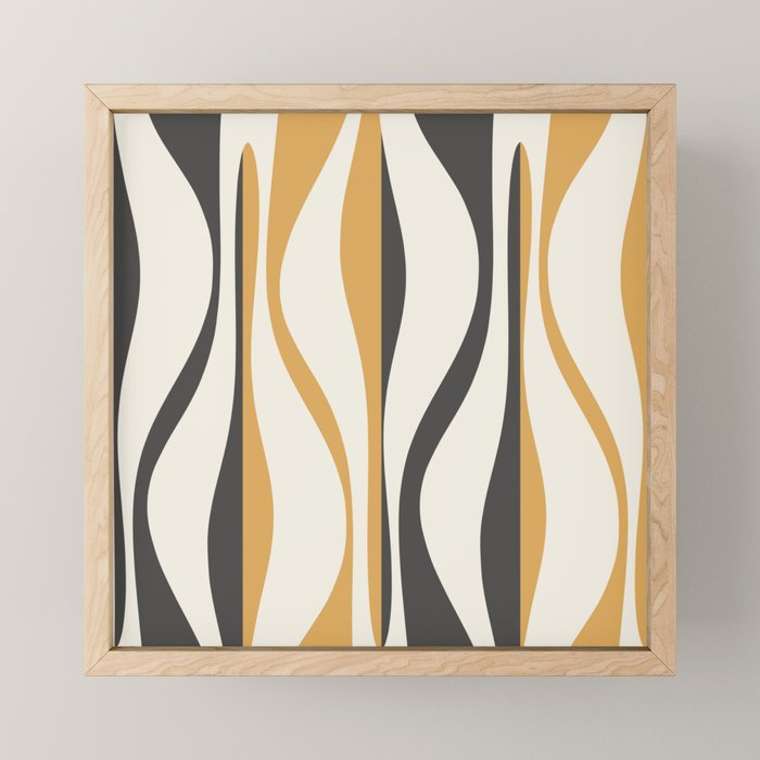 Mid Century Modern Retro Lounge Striped Ogee Pattern in Muted Mustard Gold, Charcoal Gray, and Cream Mini Art Print Gallery Image 1
