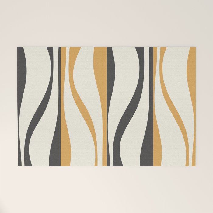 Mid Century Modern Retro Lounge Striped Ogee Pattern in Muted Mustard Gold, Charcoal Gray, and Cream Welcome Mat Gallery Image 1