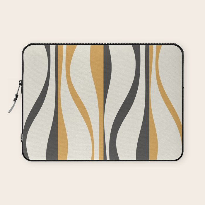 Mid Century Modern Retro Lounge Striped Ogee Pattern in Muted Mustard Gold, Charcoal Gray, and Cream Laptop Sleeve Gallery Image 1