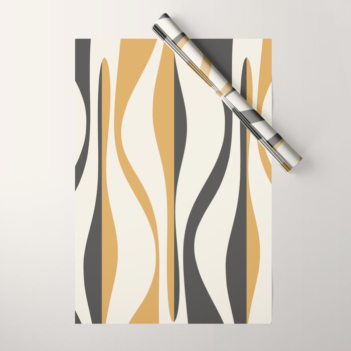 Mid Century Modern Retro Lounge Striped Ogee Pattern in Muted Mustard Gold, Charcoal Gray, and Cream Wrapping Paper Gallery Image 1