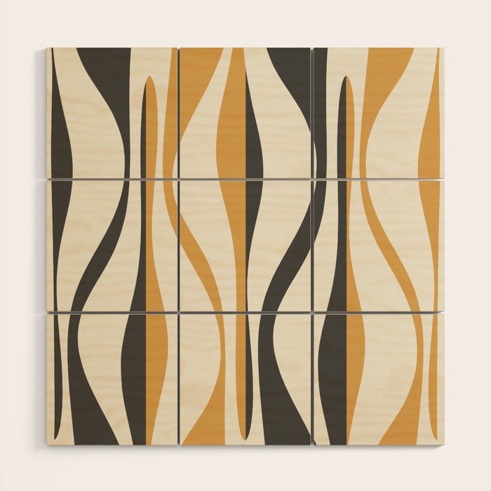 Mid Century Modern Retro Lounge Striped Ogee Pattern in Muted Mustard Gold, Charcoal Gray, and Cream Wood Wall Art Gallery Image 1