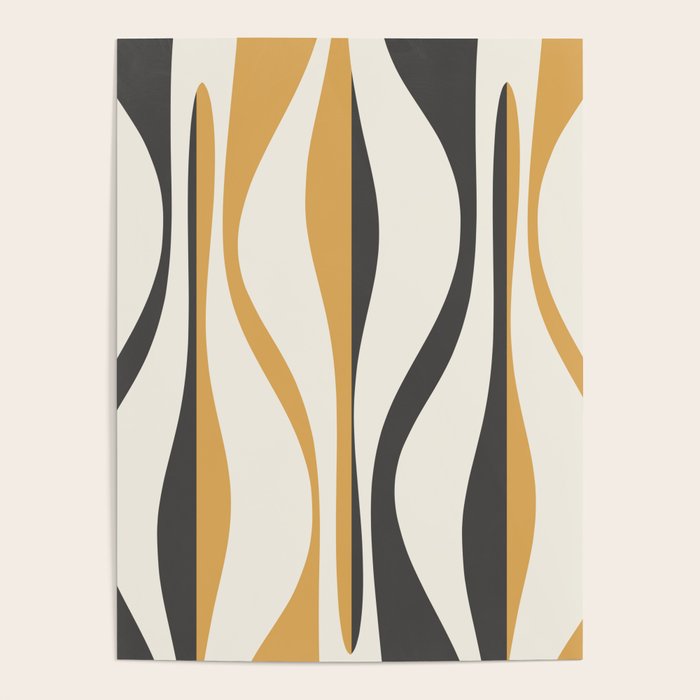 Mid Century Modern Retro Lounge Striped Ogee Pattern in Muted Mustard Gold, Charcoal Gray, and Cream Poster Gallery Image 1