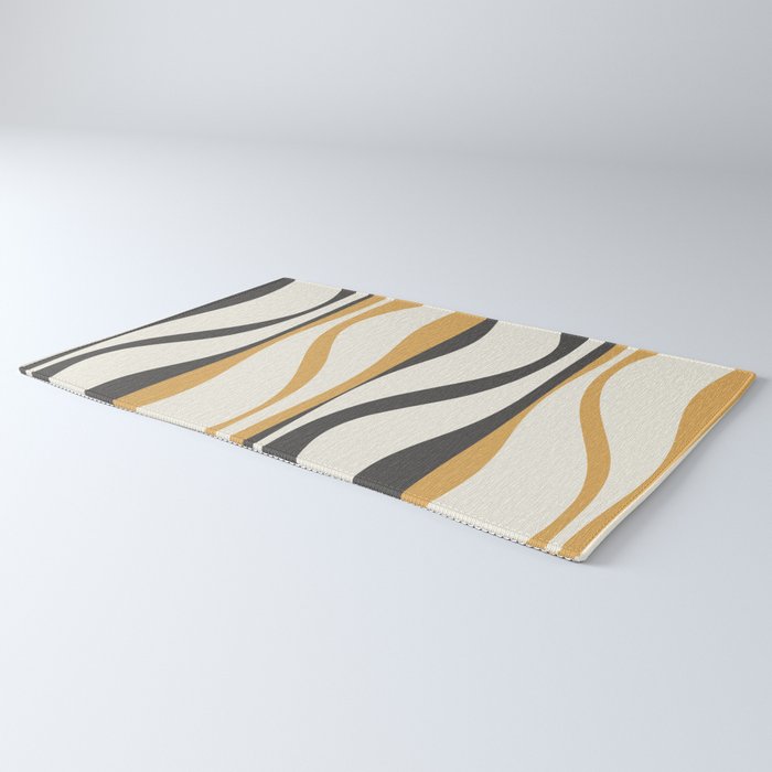 Mid Century Modern Retro Lounge Striped Ogee Pattern in Muted Mustard Gold, Charcoal Gray, and Cream Rug Gallery Image 3