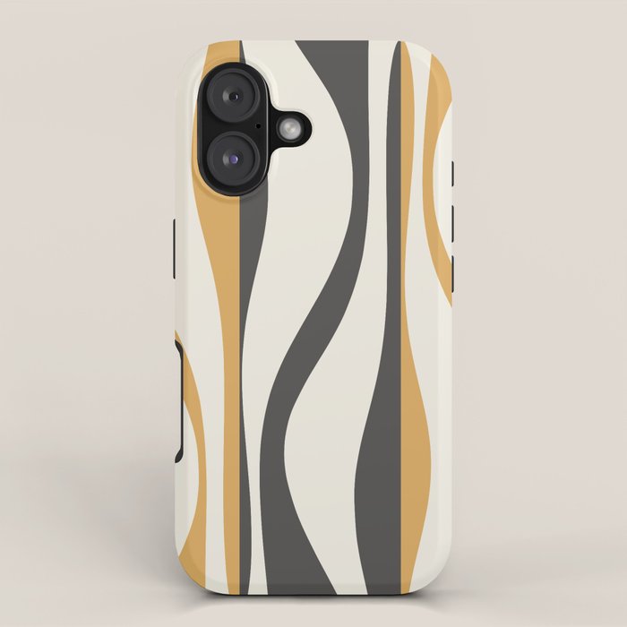 Mid Century Modern Retro Lounge Striped Ogee Pattern in Muted Mustard Gold, Charcoal Gray, and Cream iPhone Case Gallery Image 1