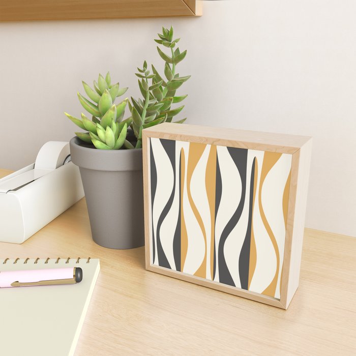 Mid Century Modern Retro Lounge Striped Ogee Pattern in Muted Mustard Gold, Charcoal Gray, and Cream Mini Art Print Gallery Image 2