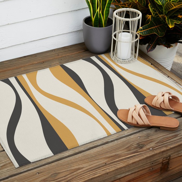 Mid Century Modern Retro Lounge Striped Ogee Pattern in Muted Mustard Gold, Charcoal Gray, and Cream Outdoor Rug Gallery Image 2