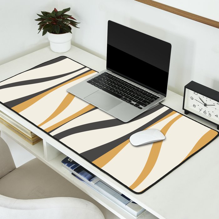 Mid Century Modern Retro Lounge Striped Ogee Pattern in Muted Mustard Gold, Charcoal Gray, and Cream Desk Mat Gallery Image 2