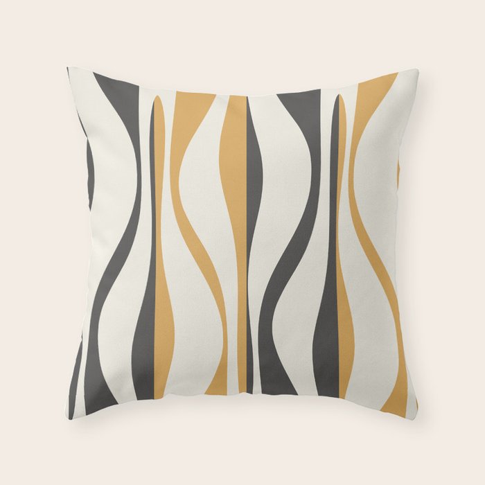 Mid Century Modern Retro Lounge Striped Ogee Pattern in Muted Mustard Gold, Charcoal Gray, and Cream Throw Pillow Gallery Image 1