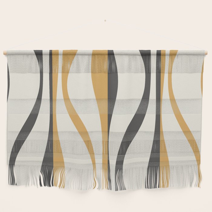 Mid Century Modern Retro Lounge Striped Ogee Pattern in Muted Mustard Gold, Charcoal Gray, and Cream Wall Hanging Gallery Image 1
