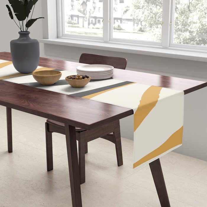 Mid Century Modern Retro Lounge Striped Ogee Pattern in Muted Mustard Gold, Charcoal Gray, and Cream Table Runner Gallery Image 2