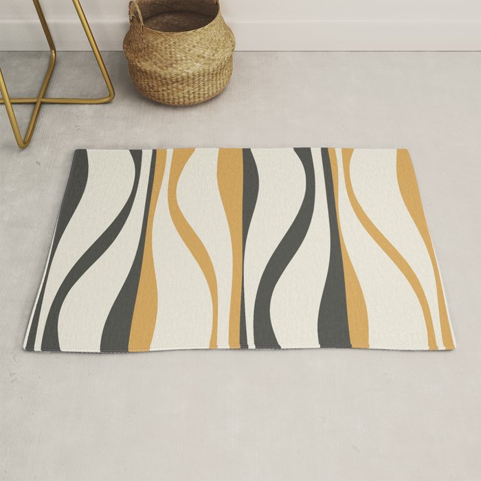Mid Century Modern Retro Lounge Striped Ogee Pattern in Muted Mustard Gold, Charcoal Gray, and Cream Rug Gallery Image 1