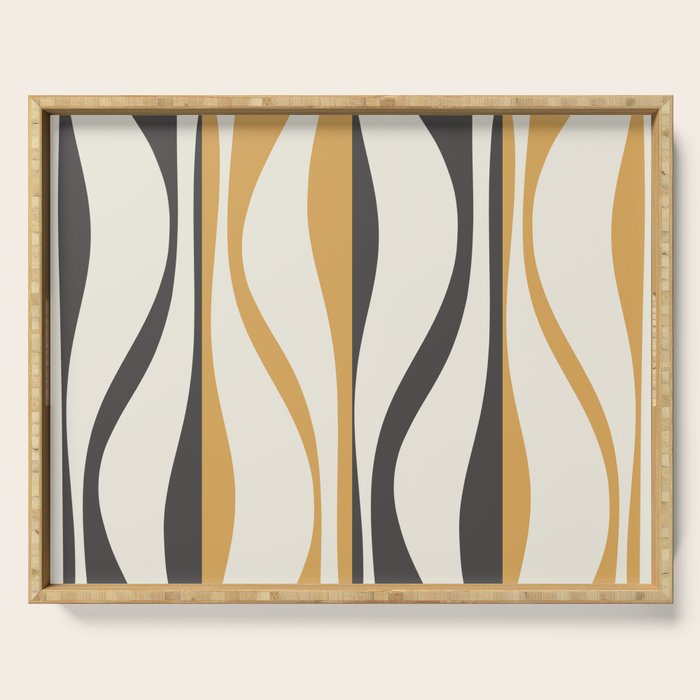 Mid Century Modern Retro Lounge Striped Ogee Pattern in Muted Mustard Gold, Charcoal Gray, and Cream Serving Tray Gallery Image 1