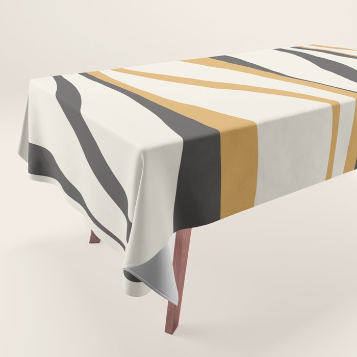Mid Century Modern Retro Lounge Striped Ogee Pattern in Muted Mustard Gold, Charcoal Gray, and Cream Tablecloth Gallery Image 1