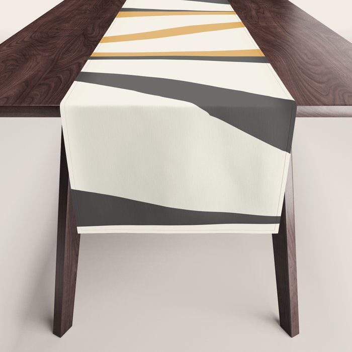 Mid Century Modern Retro Lounge Striped Ogee Pattern in Muted Mustard Gold, Charcoal Gray, and Cream Table Runner Gallery Image 1