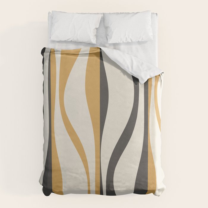 Mid Century Modern Retro Lounge Striped Ogee Pattern in Muted Mustard Gold, Charcoal Gray, and Cream Duvet Cover Gallery Image 6