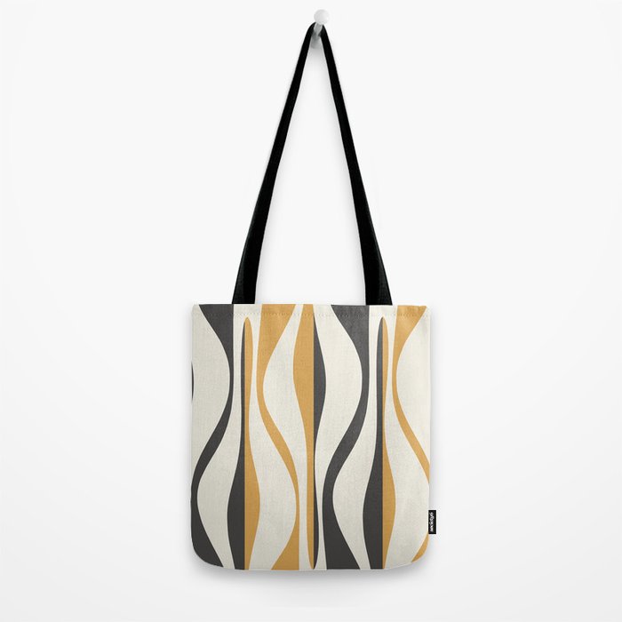 Mid Century Modern Retro Lounge Striped Ogee Pattern in Muted Mustard Gold, Charcoal Gray, and Cream Tote Bag Gallery Image 2