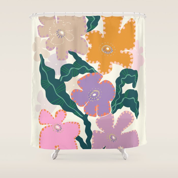 Large Pink  Retro Flowers Shower Curtain Gallery Image 1