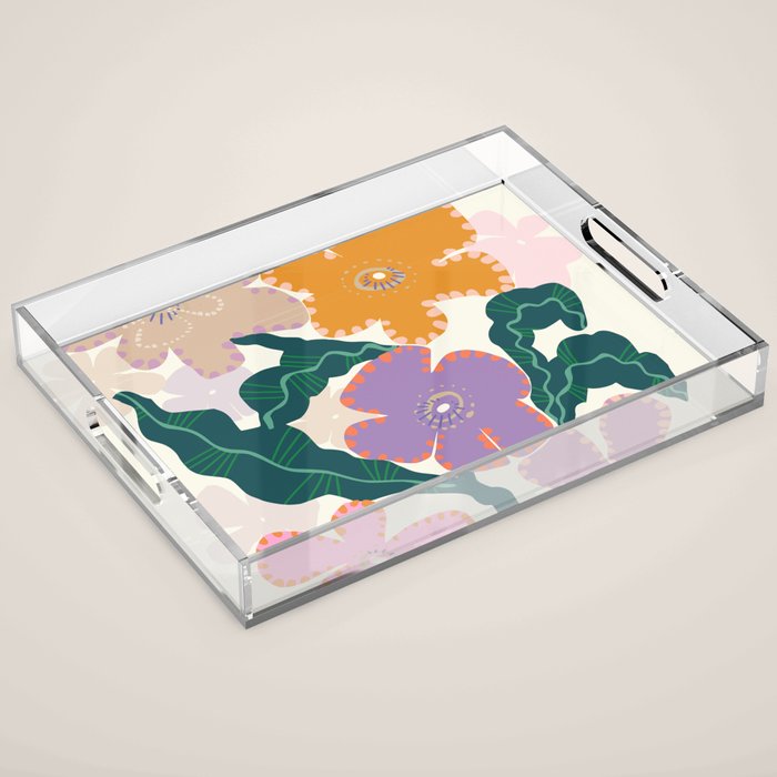 Large Pink  Retro Flowers Acrylic Tray Gallery Image 1