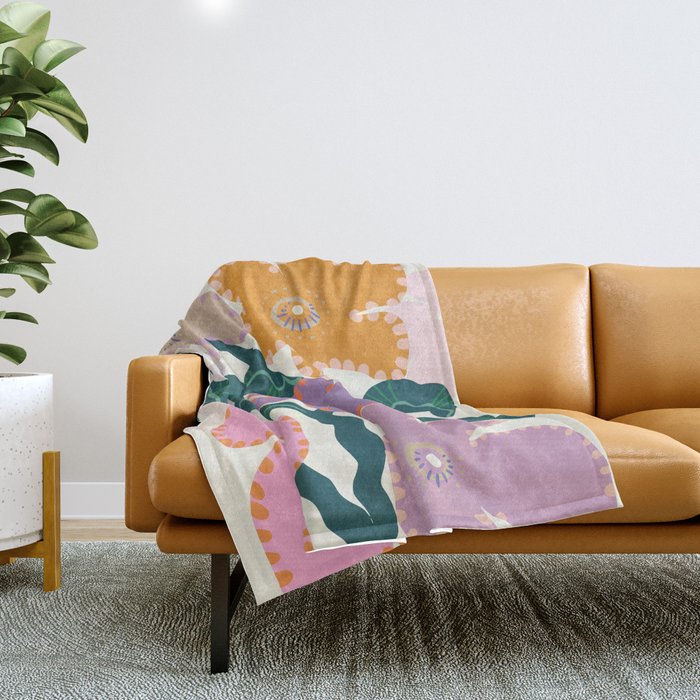 Large Pink  Retro Flowers Throw Blanket Gallery Image 1