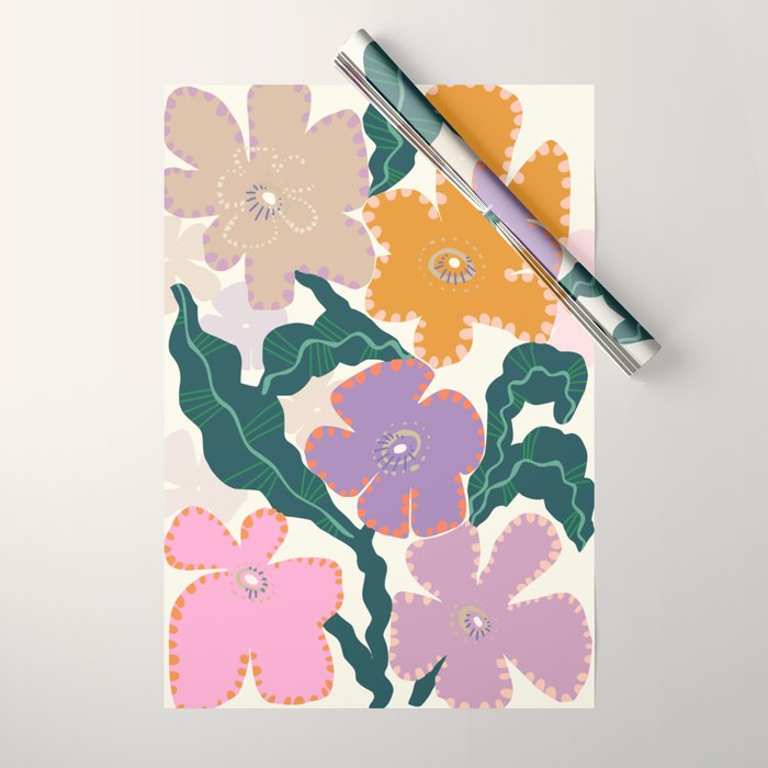 Large Pink  Retro Flowers Wrapping Paper Gallery Image 1