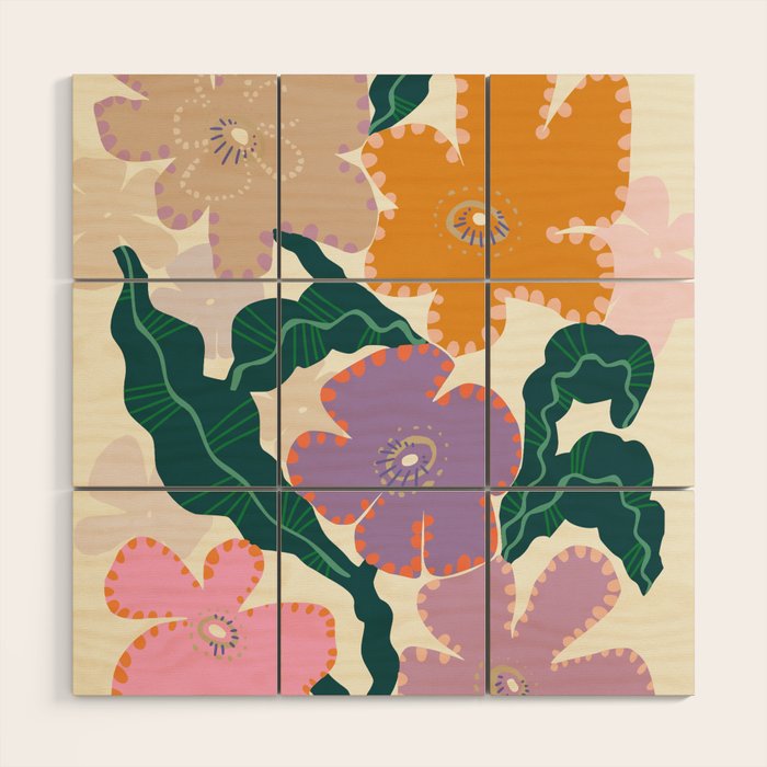 Large Pink  Retro Flowers Wood Wall Art Gallery Image 1