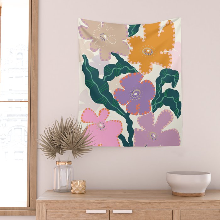 Large Pink  Retro Flowers Wall Tapestry Gallery Image 2