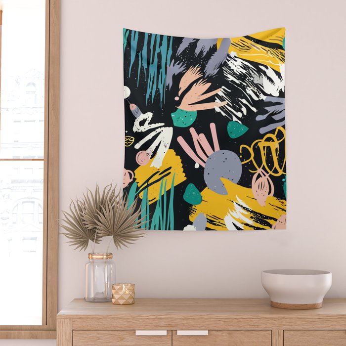 Space Odyssey, Abstract Voyage Journey Travel, Shapes Doodles Drawing Eclectic , Contemporary Planets Rocket Bohemian Wall Tapestry Gallery Image 2