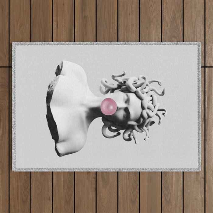 Medusa blowing pink bubblegum bubble II Outdoor Rug Gallery Image 1