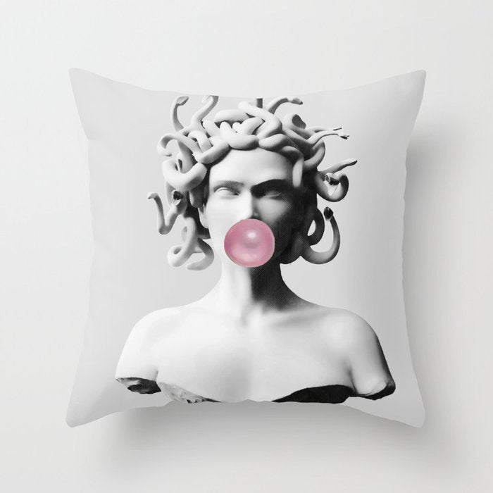 Medusa blowing pink bubblegum bubble II Throw Pillow Gallery Image 1