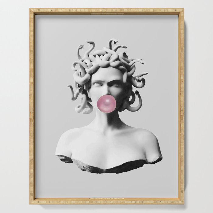 Medusa blowing pink bubblegum bubble II Serving Tray Gallery Image 1