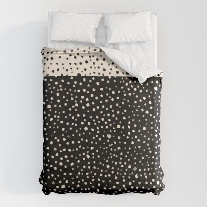 Two-Tone Painted Smudge Dots Pattern in Black and Almond Cream Duvet Cover Gallery Image 6