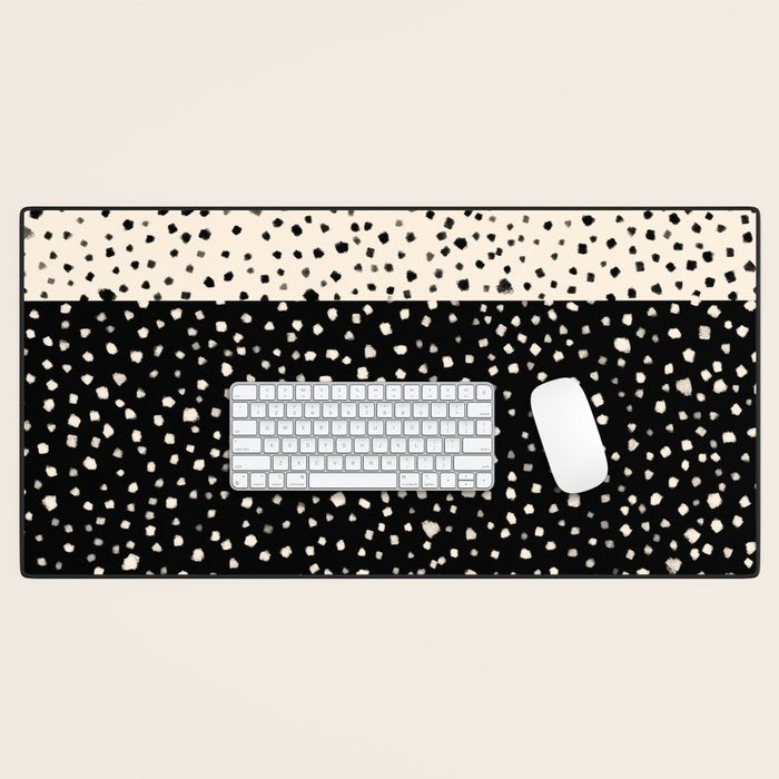 Two-Tone Painted Smudge Dots Pattern in Black and Almond Cream Desk Mat Gallery Image 1