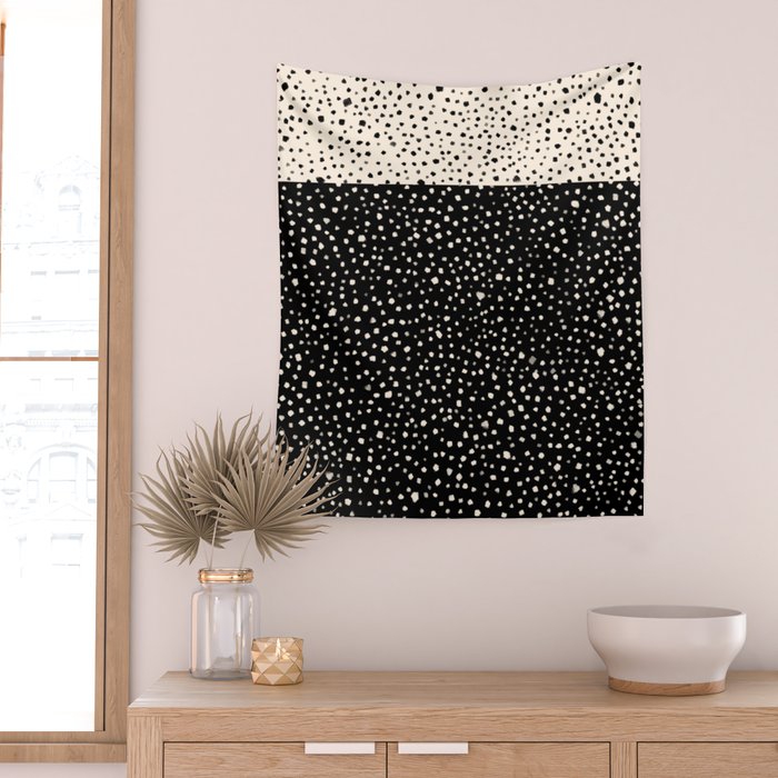 Two-Tone Painted Smudge Dots Pattern in Black and Almond Cream Wall Tapestry Gallery Image 2