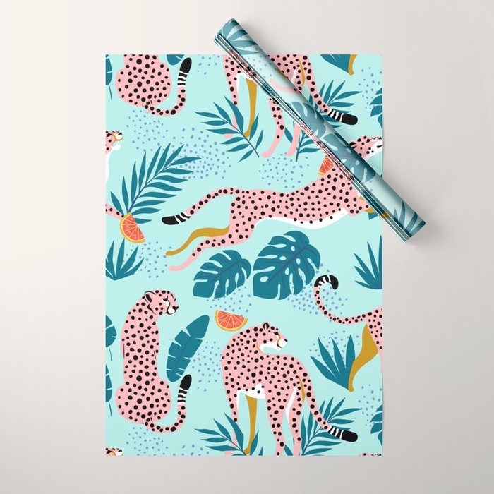 Cheetahs In The Grapefruit Grove, Tropical Jungle bohemian Wildlife, Tiger Wild Cat Nature Forest Wrapping Paper Gallery Image 1