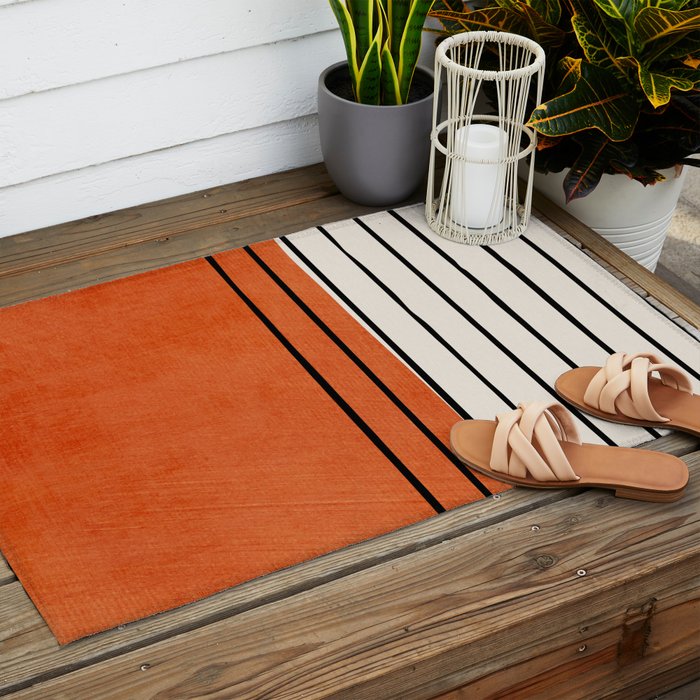 Minimalist Burnt Orange Black Vertical Lines Outdoor Rug Gallery Image 2